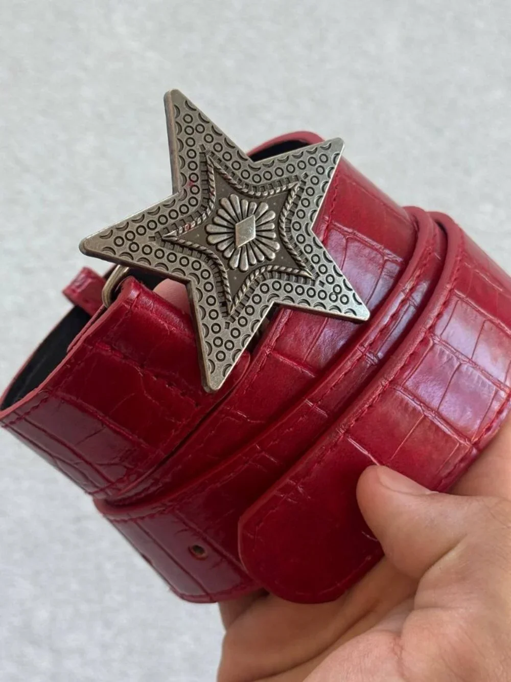 Red Faux Croc Western Star Buckle Belt
